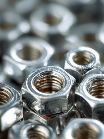 A detailed perspective of polished steel hexagonal fasteners grouped tightly, their reflective surfaces capturing light and highlighting precision-engineered hardwarの写真素材