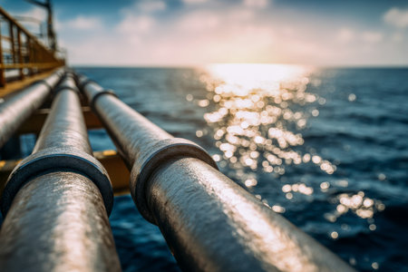 A line of sturdy metallic conduits stretches across the horizon, catching the warm glow of dawn or dusk as shimmering waves ripple beneath under a clear sky.の写真素材