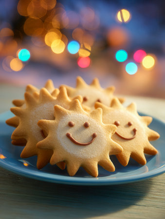 Bright, playful cookies with radiant sun designs and happy expressions are arranged on a plate, set against a lively background of colorful, glowing lights, evokingの写真素材