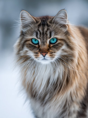 A regal feline with flowing silver fur and piercing azure eyes stands resolutely amid a soft, snowy landscape, its fierce expression exuding elegance and strength.の写真素材