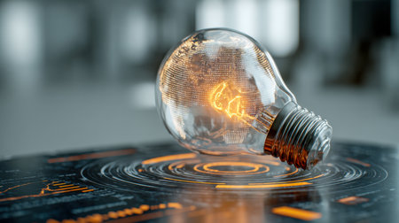 A luminous filament bulb rests on a sleek digital platform, surrounded by holographic globes and data streams, representing pioneering ideas driving worldwide technoの写真素材