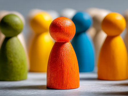 Vibrant wooden figures clustered together, with a striking red one in clear prominence, symbolizing strength, unity, and the power of diverse leadership in collaboraの写真素材