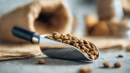 A metallic ladle brimming with crunchy brown pet rations rests on a textured wooden surface, with a burlap sack in the background hinting at natural animal nourishmentの写真素材