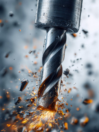 A powerful drill pierces a steel workpiece, scattering bright sparks and metal fragments, capturing intense movement in a high-precision manufacturing scene.の写真素材