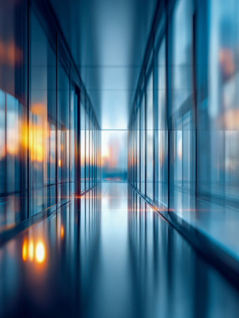 A sleek, contemporary hallway bathed in golden sunset glow, featuring mirror-like glass panels and glossy floors that evoke a calm, forward-looking ambiance.の写真素材