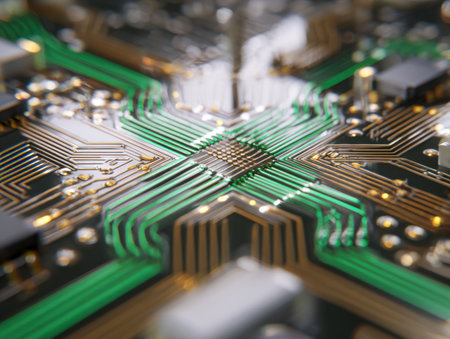 An intricate close-up of a computer core, showing a microchip surrounded by vibrant gold and green pathways extending outward, highlighting advanced circuitry.の写真素材