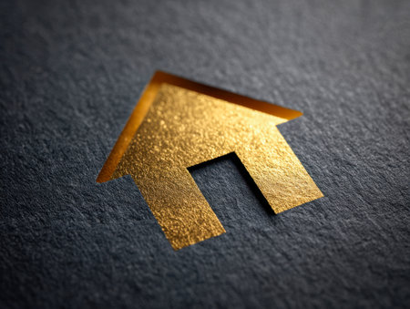 A refined golden house emblem, embossed on rugged dark background, conveying sophistication and high-end property branding for upscale real estate campaigns.の写真素材