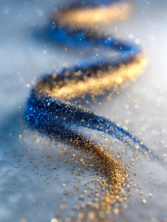Elegant swirl of luminous gold and sapphire glitter cascades in a mesmerizing dance, accented with soft bokeh orbs, perfect for celebrating, luxury, or enchantment tの写真素材