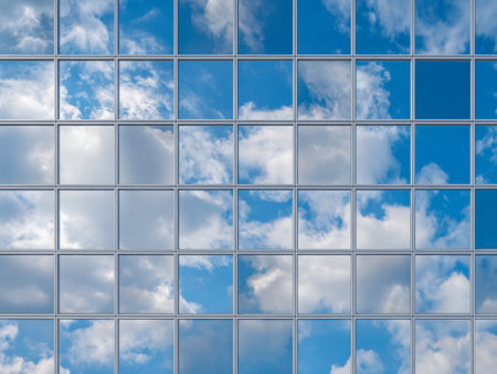 A sleek glass surface captures the vibrant blue sky and fluffy white clouds, creating a mirror-like effect that emphasizes modern architecture and serene outdoor beaの写真素材