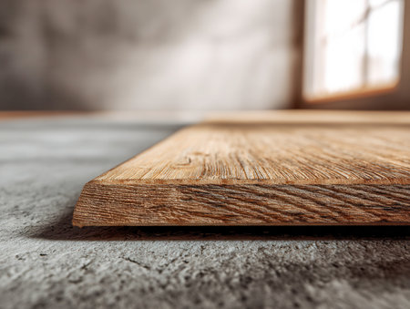 A weathered wood chopping surface showcases rich, intricate grain patterns, resting on textured concrete amid soft sunlight filtering through a nearby window, evokinの写真素材