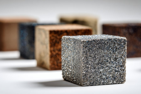 A series of rugged metallic blocks aligned on a clean background, their coarse textures and gentle shadows highlighting industrial-inspired geometric forms.の写真素材