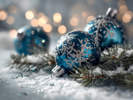 Elegant blue baubles with intricate silver snowflake designs nestled among frosted evergreens, illuminated by warm, gentle holiday lights creating a cozy, festive moの写真素材