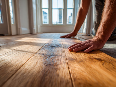 Hands gently examine the smooth, freshly completed wooden surface soaking in warm daylight, surrounded by expansive windows during a home improvement project.の写真素材
