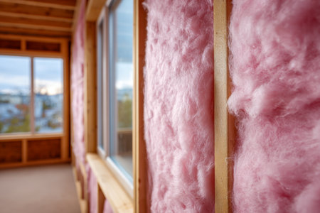 Sunlit interior frame showing vibrant pink insulation nestled within timber studs, hinting at a fresh build bathed in natural glowing light.の写真素材
