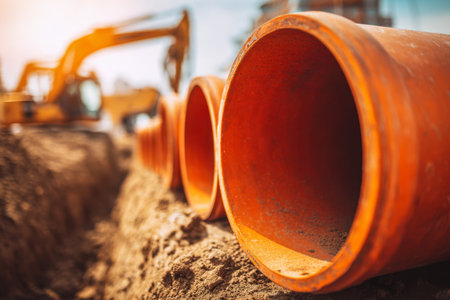 Vibrant orange cylinders await installation on a bustling construction zone, with excavators and cranes shaping the future infrastructure under bright sunlight.の写真素材