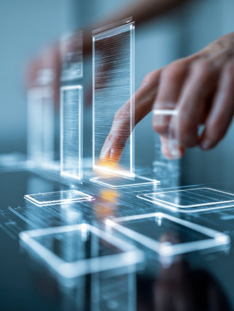 A user engages with a sleek, high-tech display showcasing vibrant virtual controls and luminous data visuals, embodying cutting-edge innovation in modern digital desの写真素材