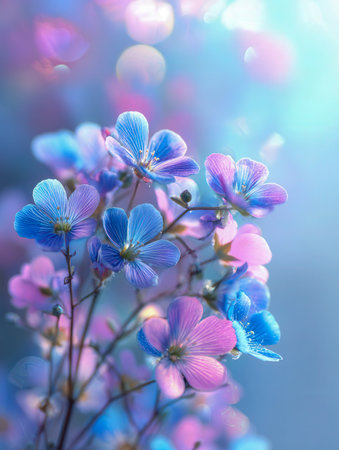 Softly glowing sunlight bathes pale blue and blush pink blossoms, set against a blurred bokeh backdrop, evoking tranquility and a whisper of magic.の写真素材