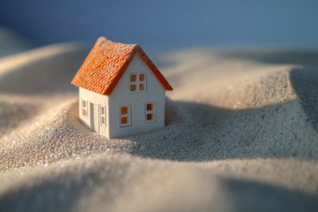 A miniature white cottage with a vibrant orange roof rests amid gentle sand dunes, illuminated by sunlight against a cloudless sky, evoking a charming desert retreatの写真素材