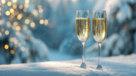 Two refined glasses shimmer with effervescent gold, resting on crisp snow, amid a soft glow of festive lights that evoke warmth and celebration in winter.の写真素材