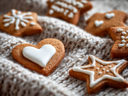 Cheerful holiday treats featuring heart and star-shaped ginger cookies adorned with white icing, nestled on a soft knit blanket, creating a comforting festive scene.の写真素材