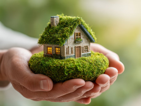 A hand gently cradles a tiny house cloaked in lush moss, illustrating harmony with nature and nurturing eco-conscious habitats amidst a vibrant outdoor setting.の写真素材