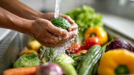 A vibrant scene of a hand rinsing a crisp green pepper at a kitchen sink, surrounded by a variety of colorful produce and fresh greens, perfect for wholesome meal prの写真素材