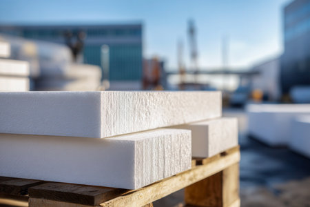 Bright sunlight highlights orderly white foam boards stacked atop a wooden freight platform, set against a blurred construction yard backdrop.の写真素材