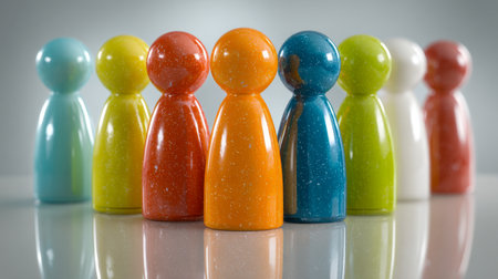 Vibrant, multicolored game tokens crafted with speckled patterns are symmetrically arranged on a glossy surface, embodying unity, inclusivity, and collective effort.の写真素材