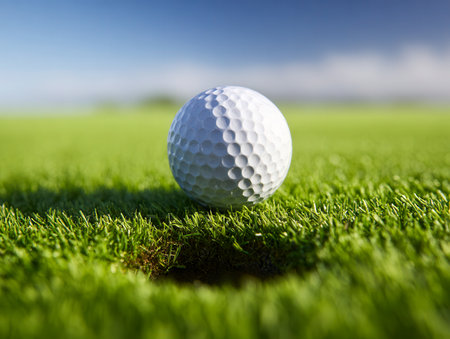 A pristine white sphere rests delicately at the fringe of a golf cup, surrounded by lush, vivid grass under a bright, cloudless sky on a picturesque outdoor course.の写真素材