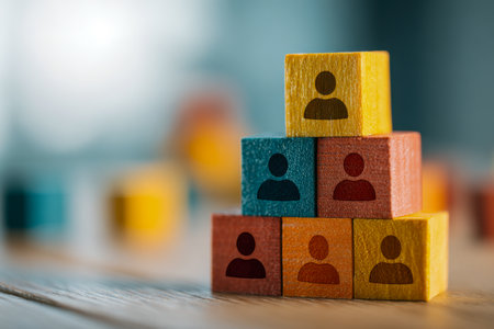 Vibrant wooden cubes stacked into a pyramid on a rustic surface, illustrating collaboration and leadership dynamics with a softly blurred backdrop.の写真素材