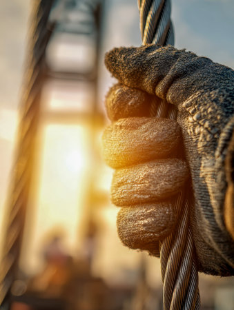 A skilled laborer in sturdy gloves secures a thick steel wire as golden evening light reflects off the industrial backdrop, capturing strength amid dusk's glow.の写真素材
