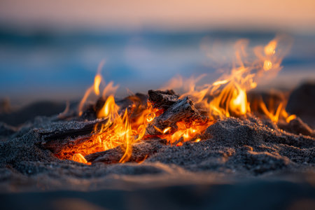 Amid the gentle hues of dusk, an inviting flicker of orange flames dances atop a sandy shore, casting a peaceful glow that enhances the serene seaside ambiance.の写真素材