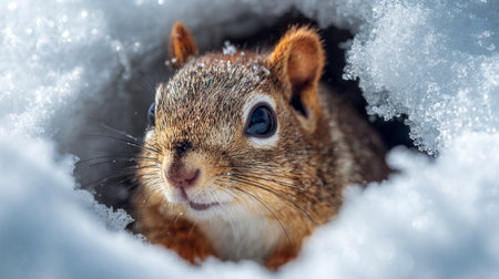 A tiny gray squirrel with sparkling eyes cautiously surveys a frosty tunnel entrance, surrounded by shimmering ice formations in a peaceful winter woodland.の写真素材