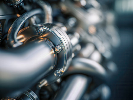 A detailed view of interconnected metal conduits featuring precise threading, sturdy fastenings, and adaptable hoses, highlighting meticulous engineering craftsmanshipの写真素材