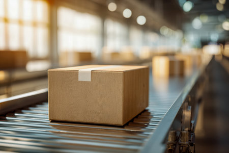 A sturdy cardboard parcel glides along a busy conveyor in a luminous warehouse, capturing dynamic logistics action and streamlined distribution workflows.の写真素材