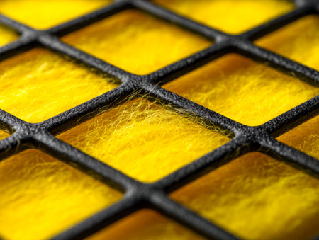 A close-up shot reveals vibrant yellow filter material woven with intricate fibers, enclosed in a sturdy black grid frame, highlighting its role in clean air and ind.の写真素材