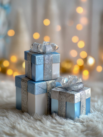 Elegant silver and blue presents rest on a plush fur rug, illuminated by soft golden glow, perfect for capturing holiday cheer and cozy celebration moments.の写真素材