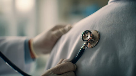 A healthcare worker gently places a stethoscope on a patient's chest, capturing vital signs in a calm, well-lit clinical environment that emphasizes care and professの写真素材