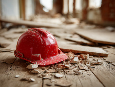 A weathered red safety helmet lies on a gritty wooden surface amid scattered construction remnants within a shadowy, unfinished space, evoking a sense of ongoing traの写真素材