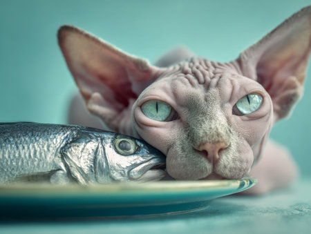 A hairless feline with mesmerizing azure eyes peacefully leans against a plate, gazing intently at its fresh catch, embodying quiet wonder and eager curiosity.の写真素材
