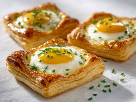 Crispy golden pastries topped with vibrant eggs and dotted with fresh chives, presented on parchment for an inviting morning feast.の写真素材