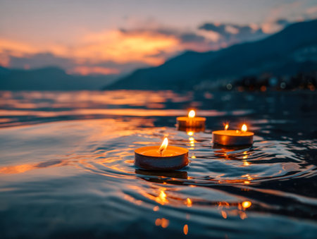 Tranquil scene featuring three glowing candles on placid water, their reflections shimmering softly, with a mountain sunset fading to hues of pink and orange, evokinの写真素材