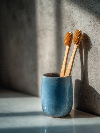 Rustic bamboo brushes rest upright in a vibrant ceramic container, their silhouettes softly illuminated against a textured wall under gentle daylight.の写真素材