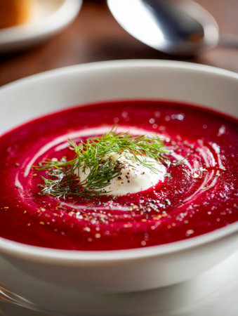 A vivid, ruby-colored soup adorned with smooth yogurt, fragrant dill, and a sprinkle of pepper, elegantly presented in a clean white dish atop a rustic wooden surfacの写真素材