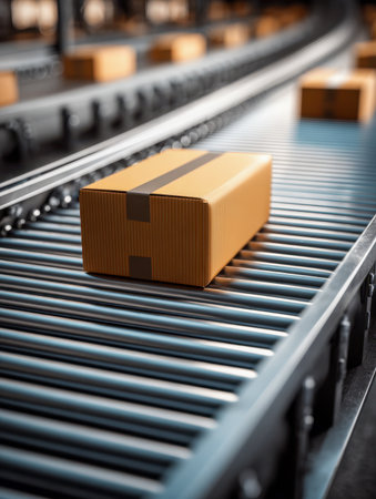 A sturdy cardboard container slides smoothly across a tidy conveyor system amid a pristine warehouse, with neatly arranged parcels awaiting dispatch in the backgrounの写真素材