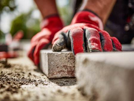 Close-up of a worker's skilled hands in vibrant red gloves precisely placing bricks amid a sunlit outdoor setting, surrounded by construction supplies and building aの写真素材