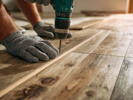 A skilled craftsman in protective gloves firmly secures wooden flooring panels, illuminated by warm natural light, capturing the essence of a meticulous renovation.の写真素材