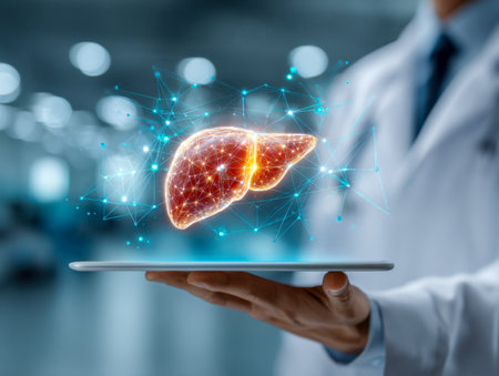 A healthcare professional examines a tablet displaying a luminous 3d liver model connected to digital network nodes, highlighting cutting-edge diagnostic tools in moの写真素材