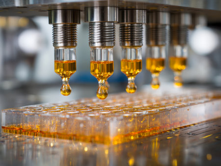 A high-tech robotic system carefully deposits shimmering golden droplets into an array of wells, ensuring accuracy for sensitive research in a sterile lab.の写真素材