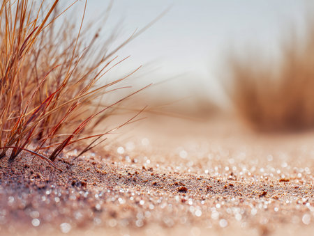 Gentle sunlight dances across a tranquil shoreline, where fine sand meets wispy dried grass, evoking calmness and warmth in a serene coastal settingの写真素材